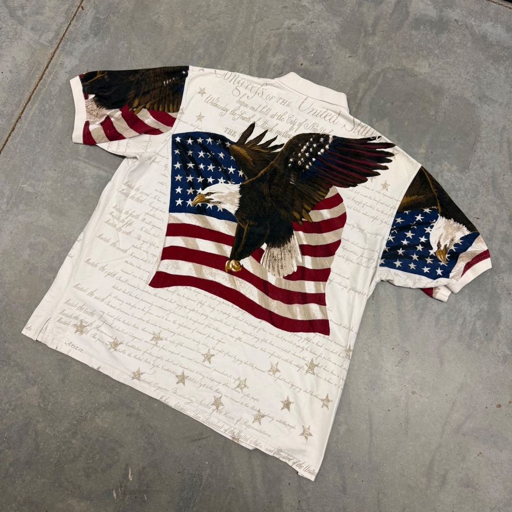 90s Mens American Summer Eagle Flag Constitution All Over Print Polo Shirt XXL - Picture 4 of 7